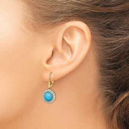 14k Turquoise Cabochon and 5/8 carat Diamond Halo Leverback Earrings