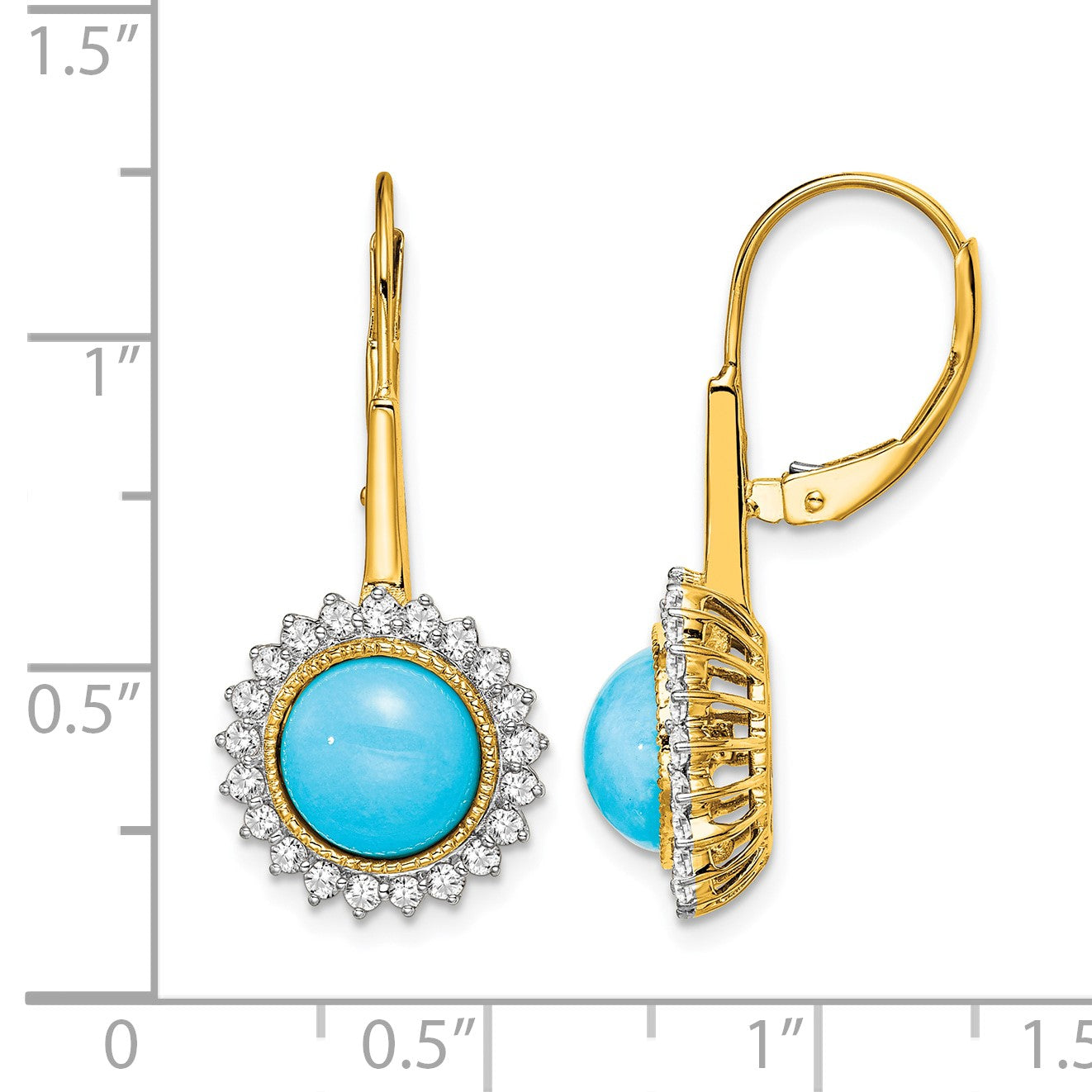 14k Turquoise Cabochon and 5/8 carat Diamond Halo Leverback Earrings