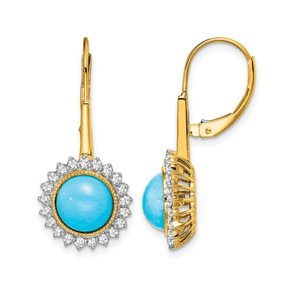 14k Turquoise Cabochon and 5/8 carat Diamond Halo Leverback Earrings