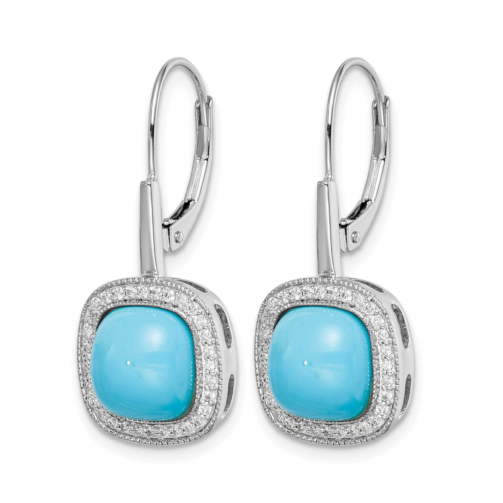 14k White Gold Turquoise Cabochon and 1/4 carat Diamond Halo Leverback Earrings