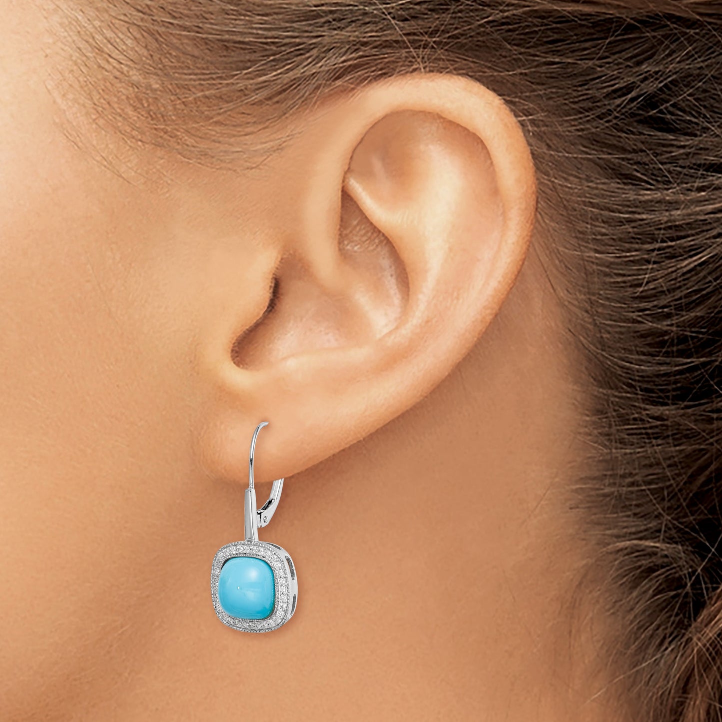 14k White Gold Turquoise Cabochon and 1/4 carat Diamond Halo Leverback Earrings