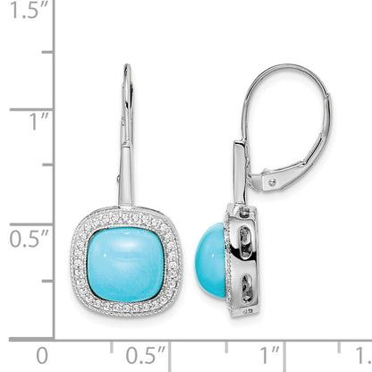 14k White Gold Turquoise Cabochon and 1/4 carat Diamond Halo Leverback Earrings