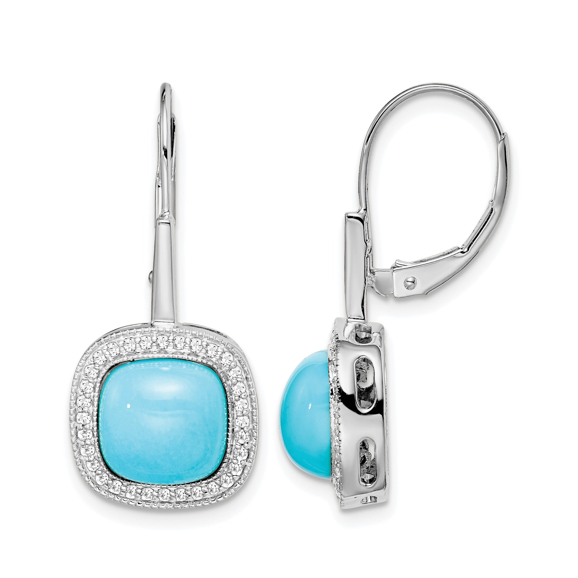 14k White Gold Turquoise Cabochon and 1/4 carat Diamond Halo Leverback Earrings