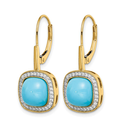 14k Turquoise Cabochon and 1/4 carat Diamond Halo Leverback Earrings