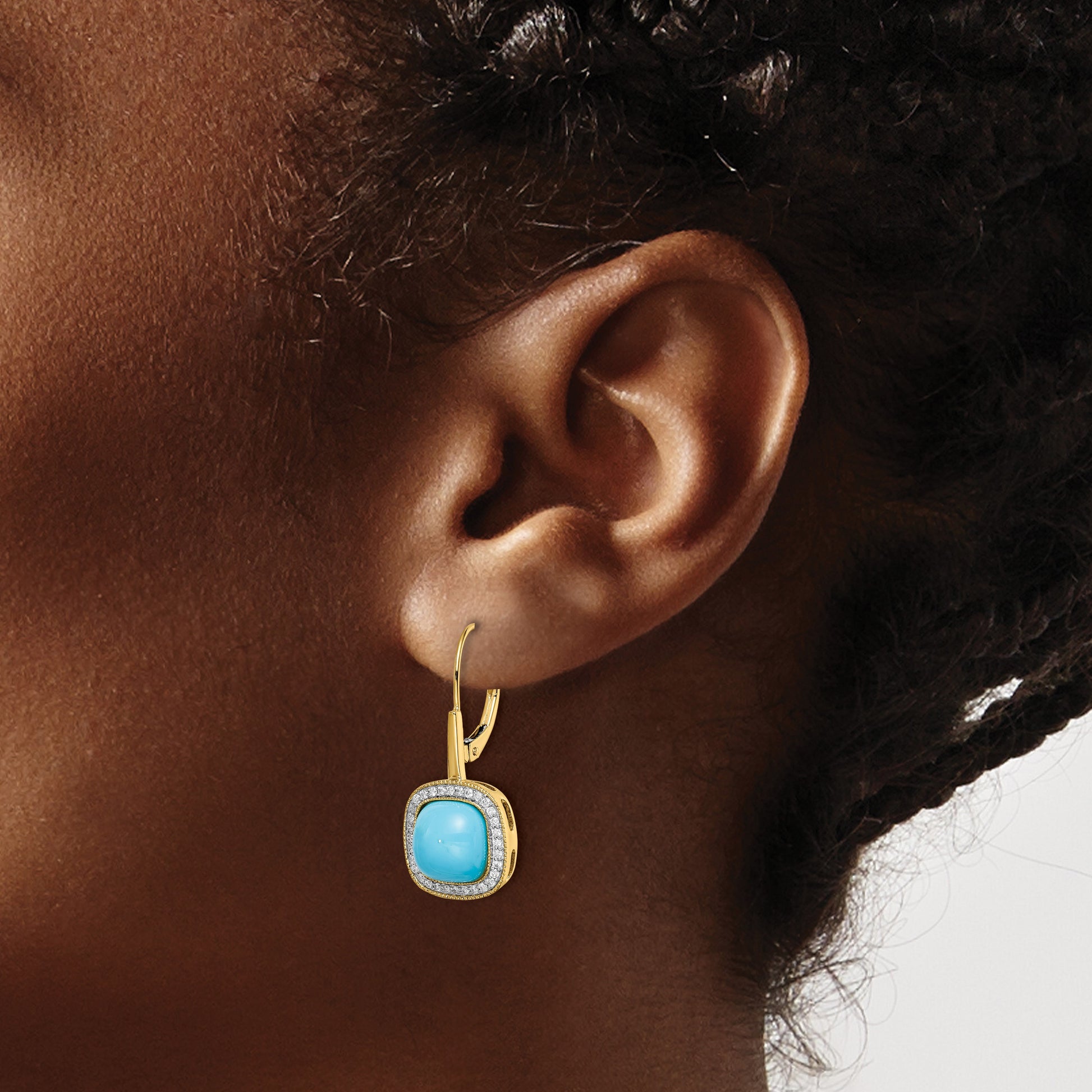 14k Turquoise Cabochon and 1/4 carat Diamond Halo Leverback Earrings