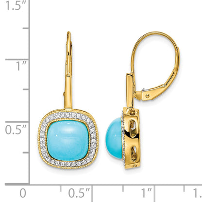 14k Turquoise Cabochon and 1/4 carat Diamond Halo Leverback Earrings