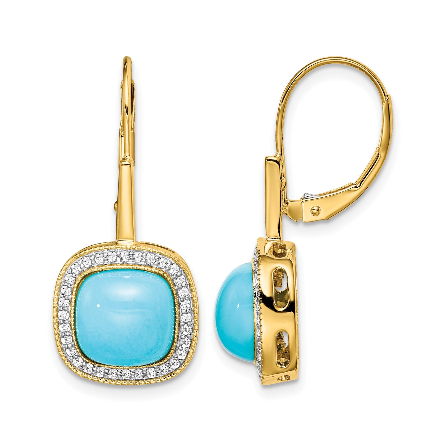 14k Turquoise Cabochon and 1/4 carat Diamond Halo Leverback Earrings