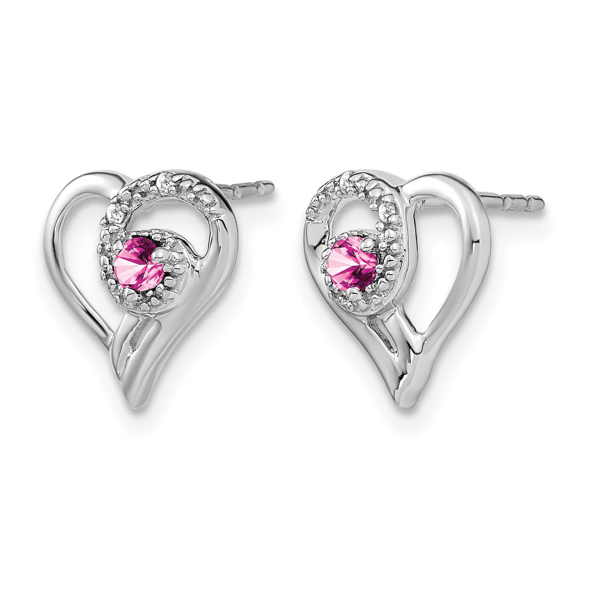 14k White Gold Pink Sapphire and Diamond Heart Post Earrings