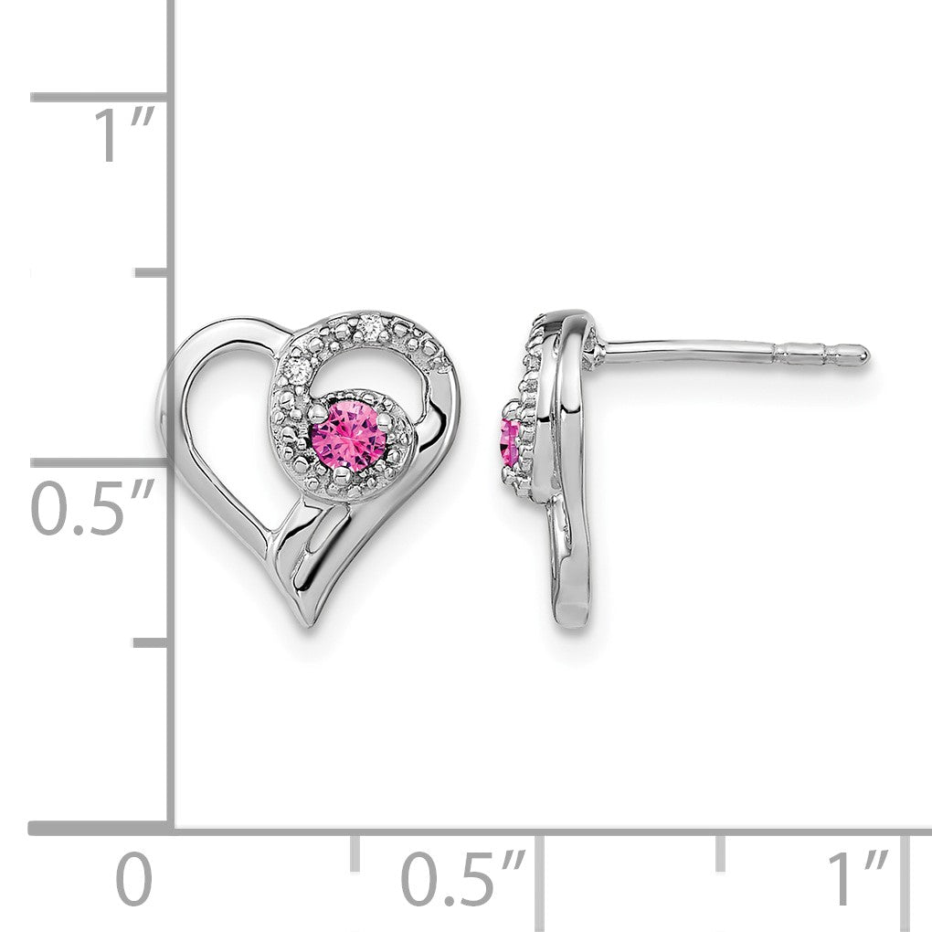 14k White Gold Pink Sapphire and Diamond Heart Post Earrings