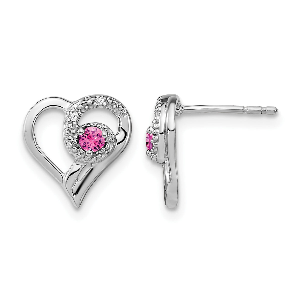 14k White Gold Pink Sapphire and Diamond Heart Post Earrings