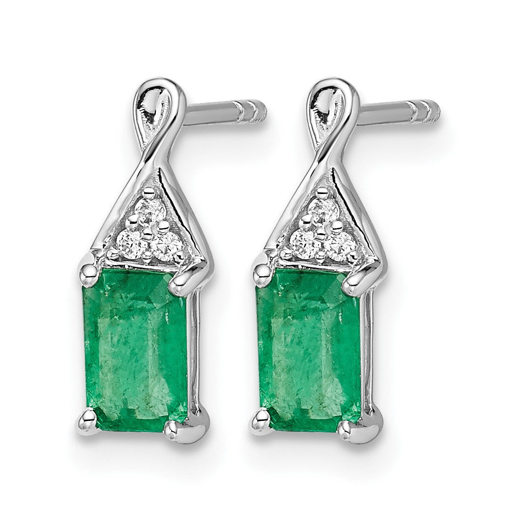 14k White Gold 6x4mm Emerald-cut Emerald and Diamond Post Earrings