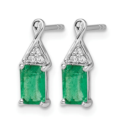 14k White Gold 6x4mm Emerald-cut Emerald and Diamond Post Earrings