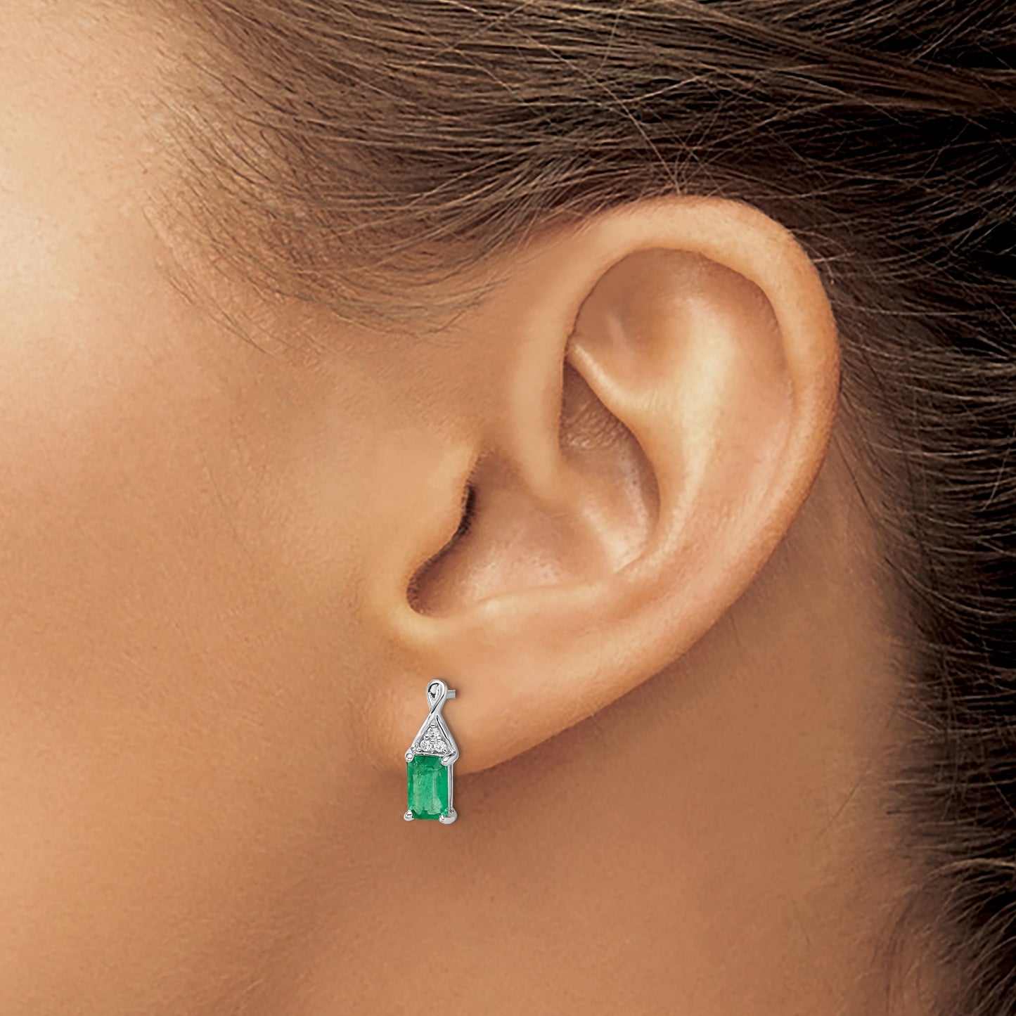 14k White Gold 6x4mm Emerald-cut Emerald and Diamond Post Earrings