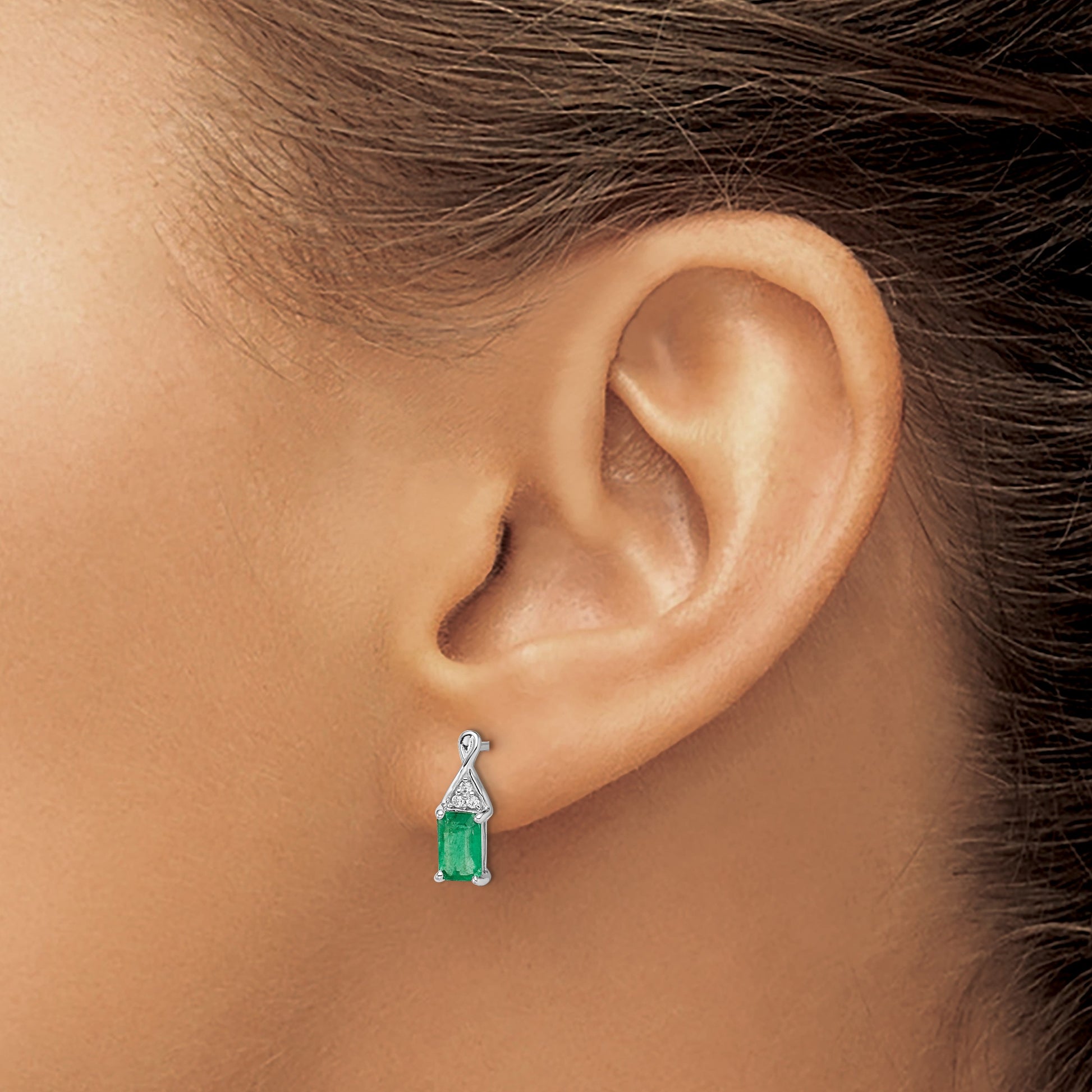 14k White Gold 6x4mm Emerald-cut Emerald and Diamond Post Earrings