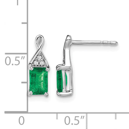 14k White Gold 6x4mm Emerald-cut Emerald and Diamond Post Earrings