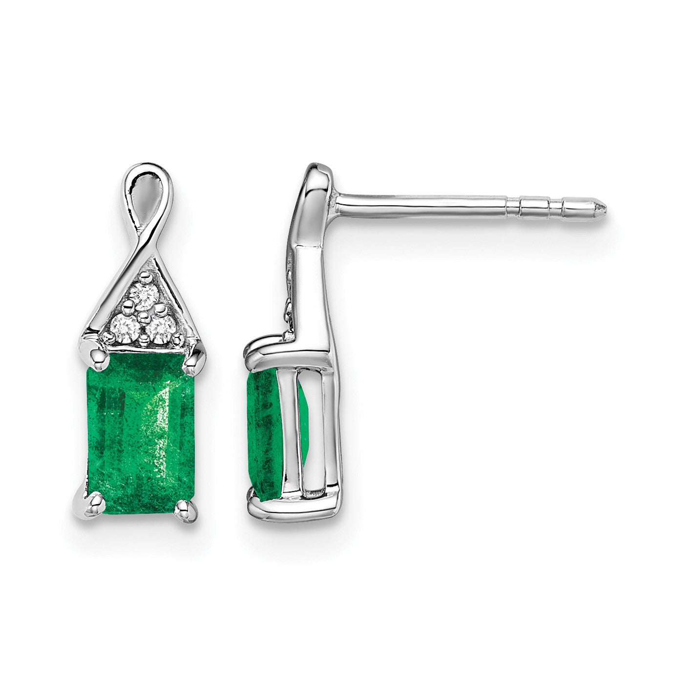 14k White Gold 6x4mm Emerald-cut Emerald and Diamond Post Earrings