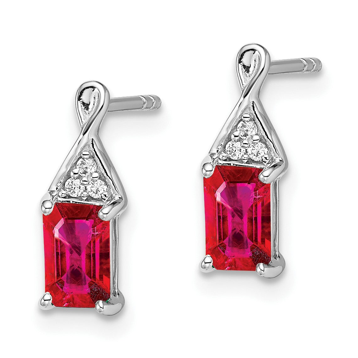 14k White Gold 6x4mm Emerald-cut Ruby and Diamond Post Earrings