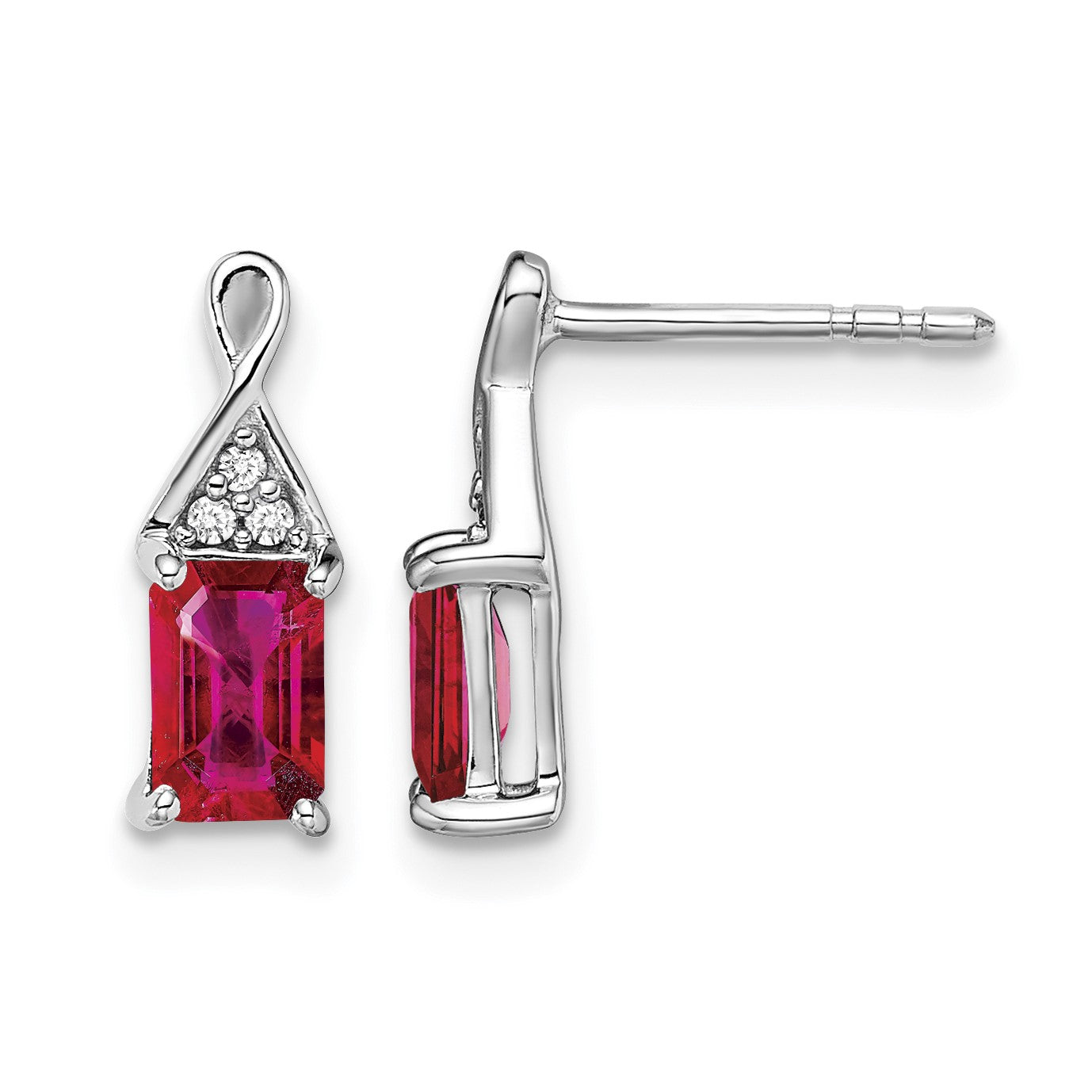 14k White Gold 6x4mm Emerald-cut Ruby and Diamond Post Earrings