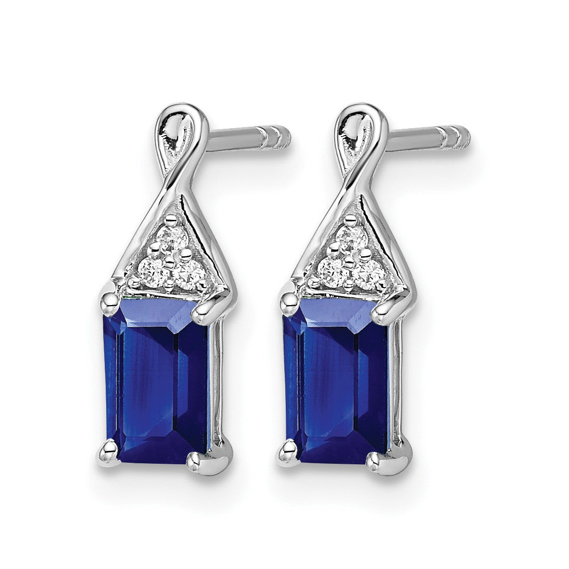 14k White Gold 6x4mm Emerald-cut Sapphire and Diamond Post Earrings
