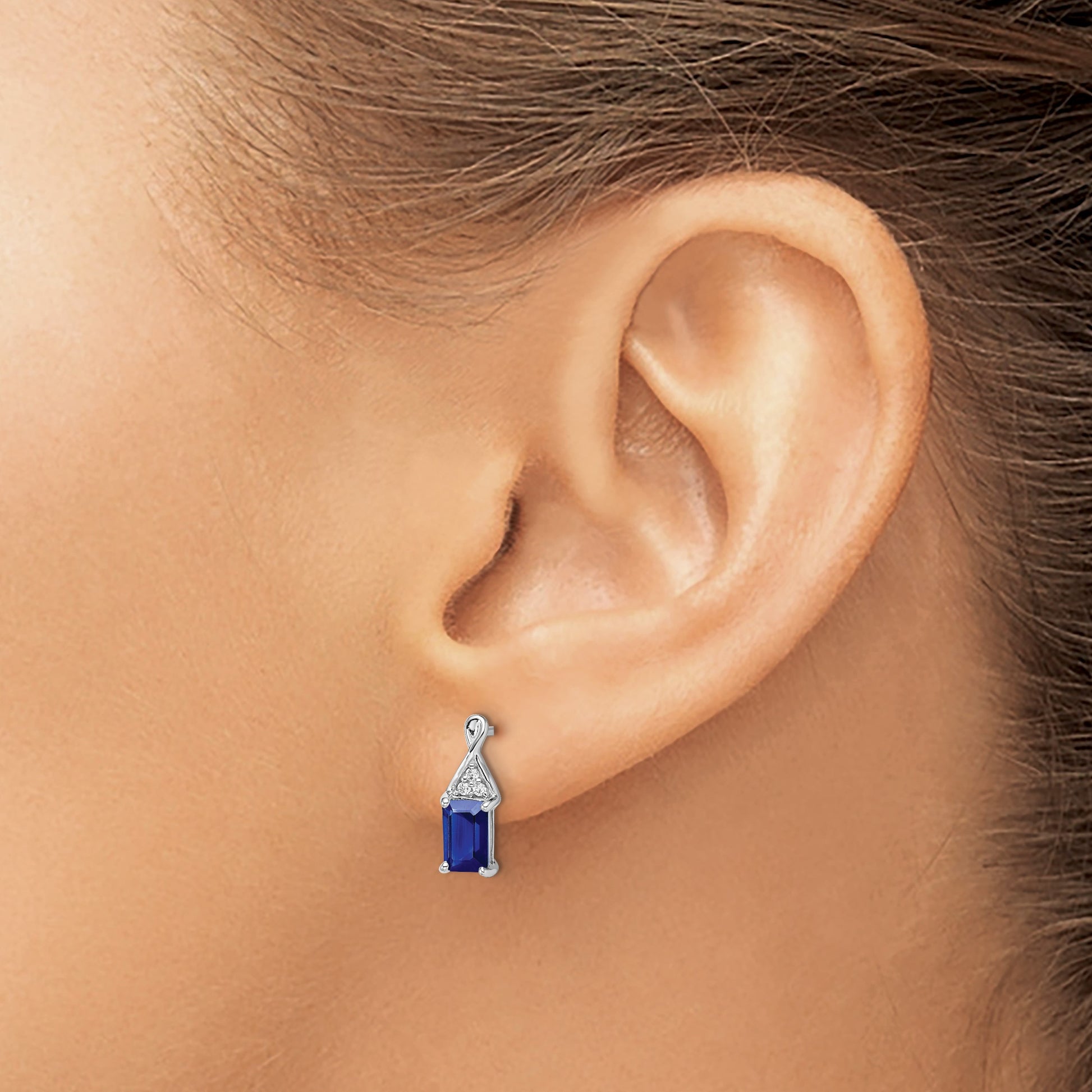 14k White Gold 6x4mm Emerald-cut Sapphire and Diamond Post Earrings