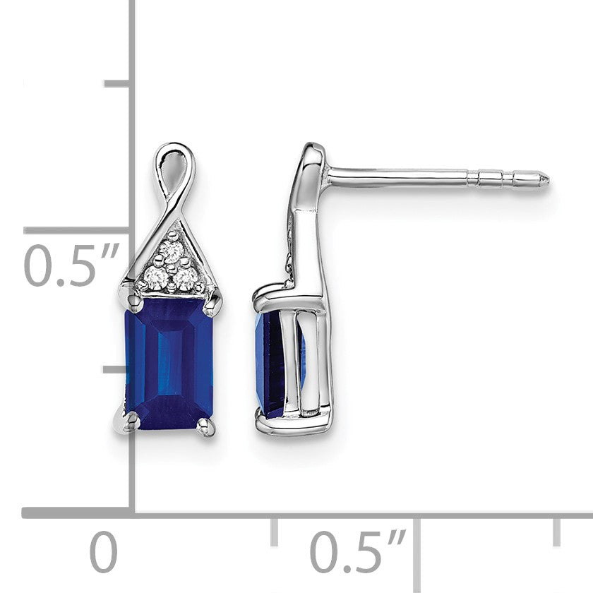 14k White Gold 6x4mm Emerald-cut Sapphire and Diamond Post Earrings