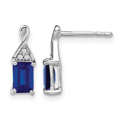 14k White Gold 6x4mm Emerald-cut Sapphire and Diamond Post Earrings
