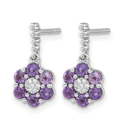 14k White Gold Round Amethyst and .04 carat Diamond Floral Dangle Post Earrings