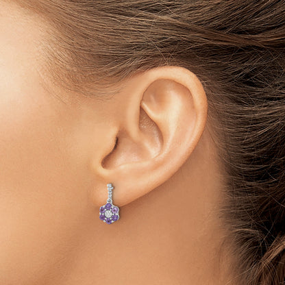 14k White Gold Round Amethyst and .04 carat Diamond Floral Dangle Post Earrings