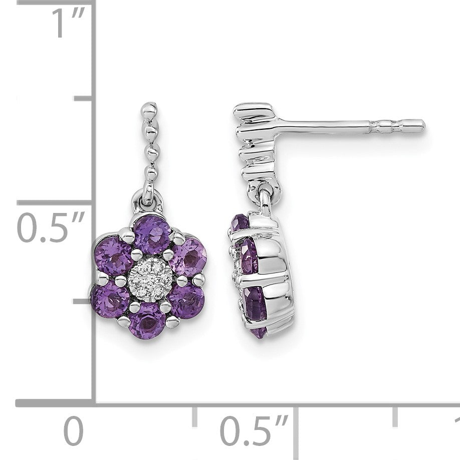 14k White Gold Round Amethyst and .04 carat Diamond Floral Dangle Post Earrings