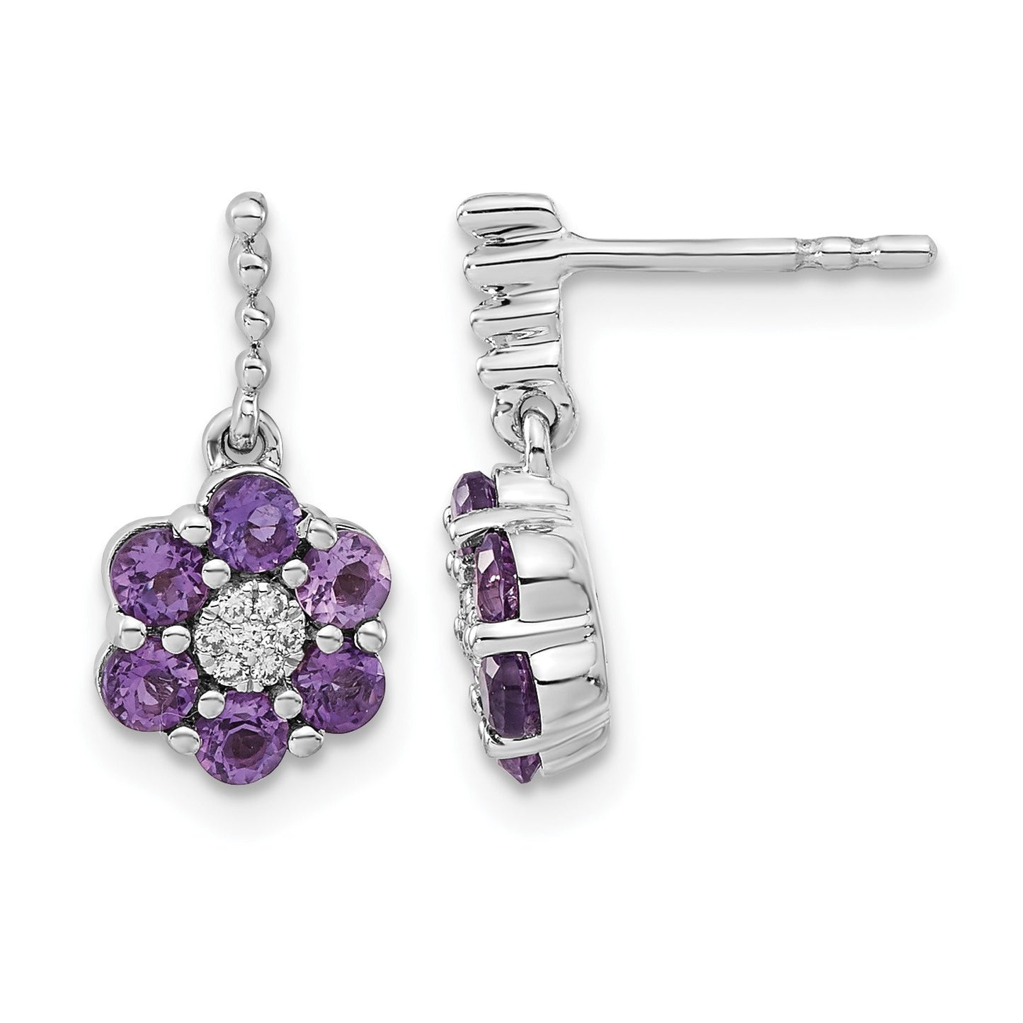 14k White Gold Round Amethyst and .04 carat Diamond Floral Dangle Post Earrings
