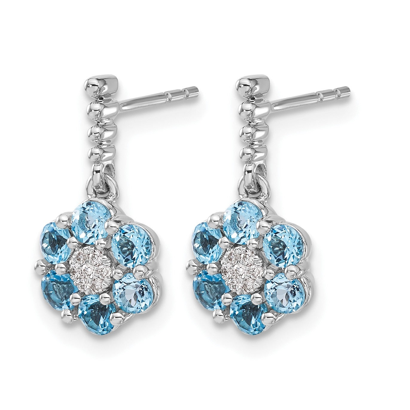 14k White Gold Round Blue Topaz and .04 carat Diamond Floral Dangle Post Earrings
