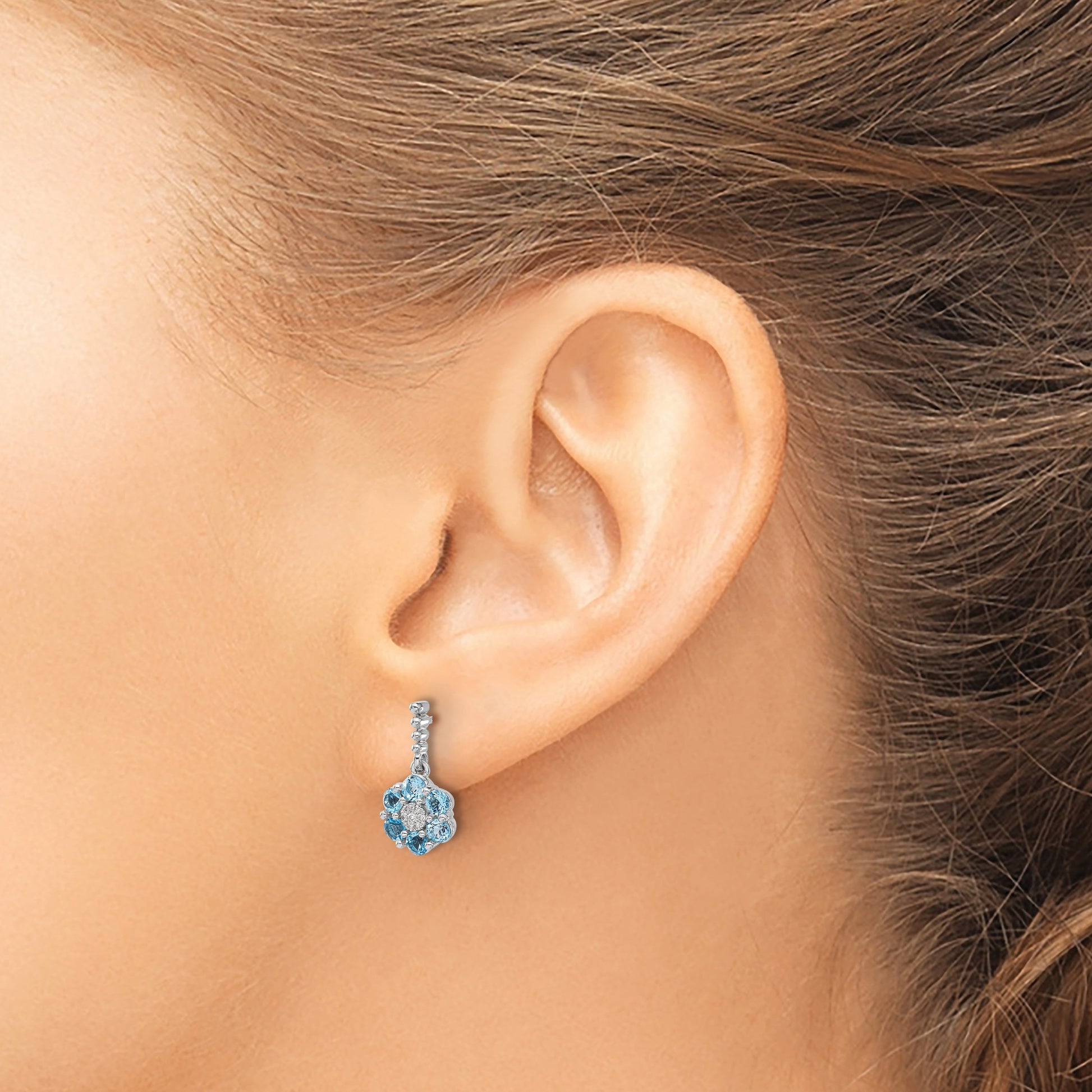 14k White Gold Round Blue Topaz and .04 carat Diamond Floral Dangle Post Earrings