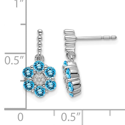 14k White Gold Round Blue Topaz and .04 carat Diamond Floral Dangle Post Earrings