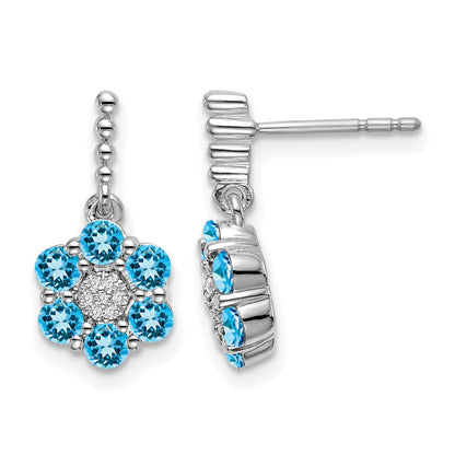 14k White Gold Round Blue Topaz and .04 carat Diamond Floral Dangle Post Earrings