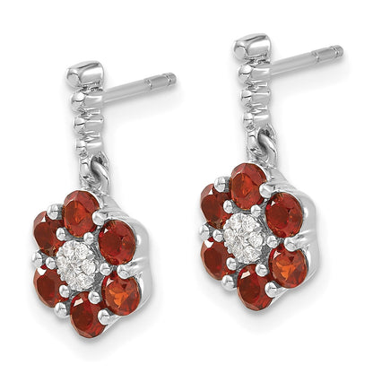 14k White Gold Round Garnet and .04 carat Diamond Floral Dangle Post Earrings