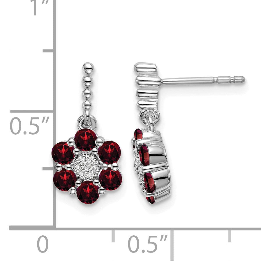 14k White Gold Round Garnet and .04 carat Diamond Floral Dangle Post Earrings