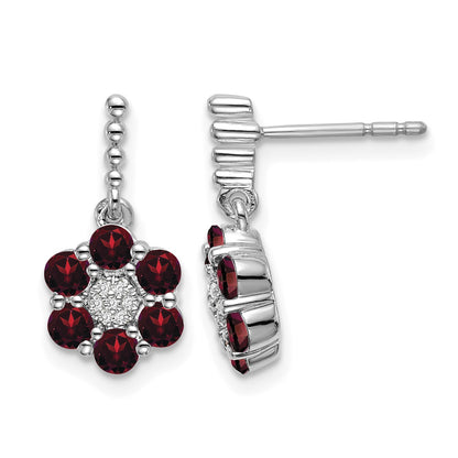 14k White Gold Round Garnet and .04 carat Diamond Floral Dangle Post Earrings