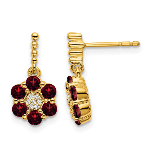 14k Round Garnet and .04 carat Diamond Floral Dangle Post Earrings