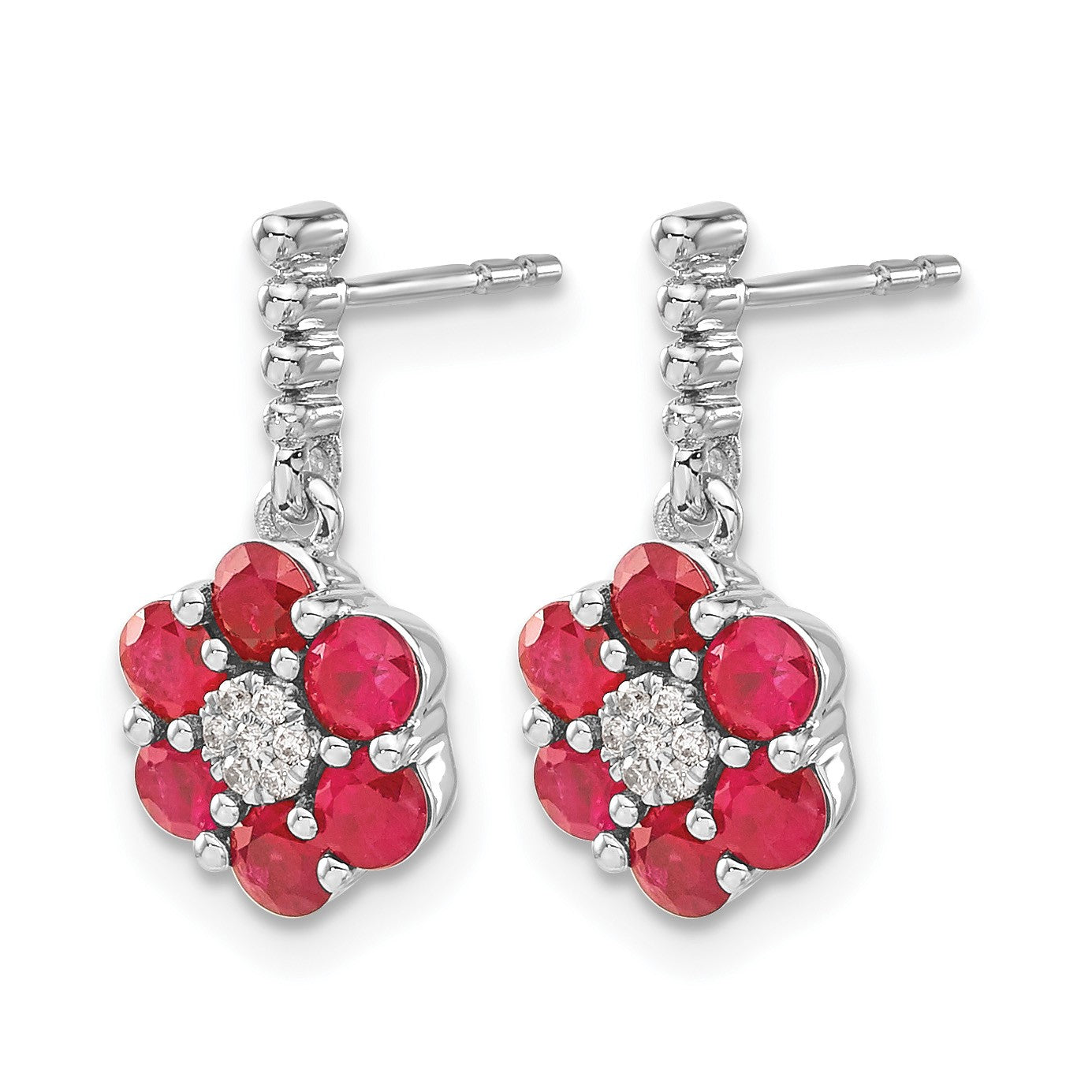 14kWhite Gold Polished Ruby and Diamond Floral Dangle Post Earrings