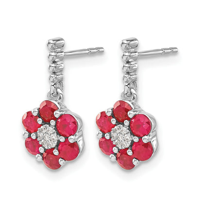 14kWhite Gold Polished Ruby and Diamond Floral Dangle Post Earrings