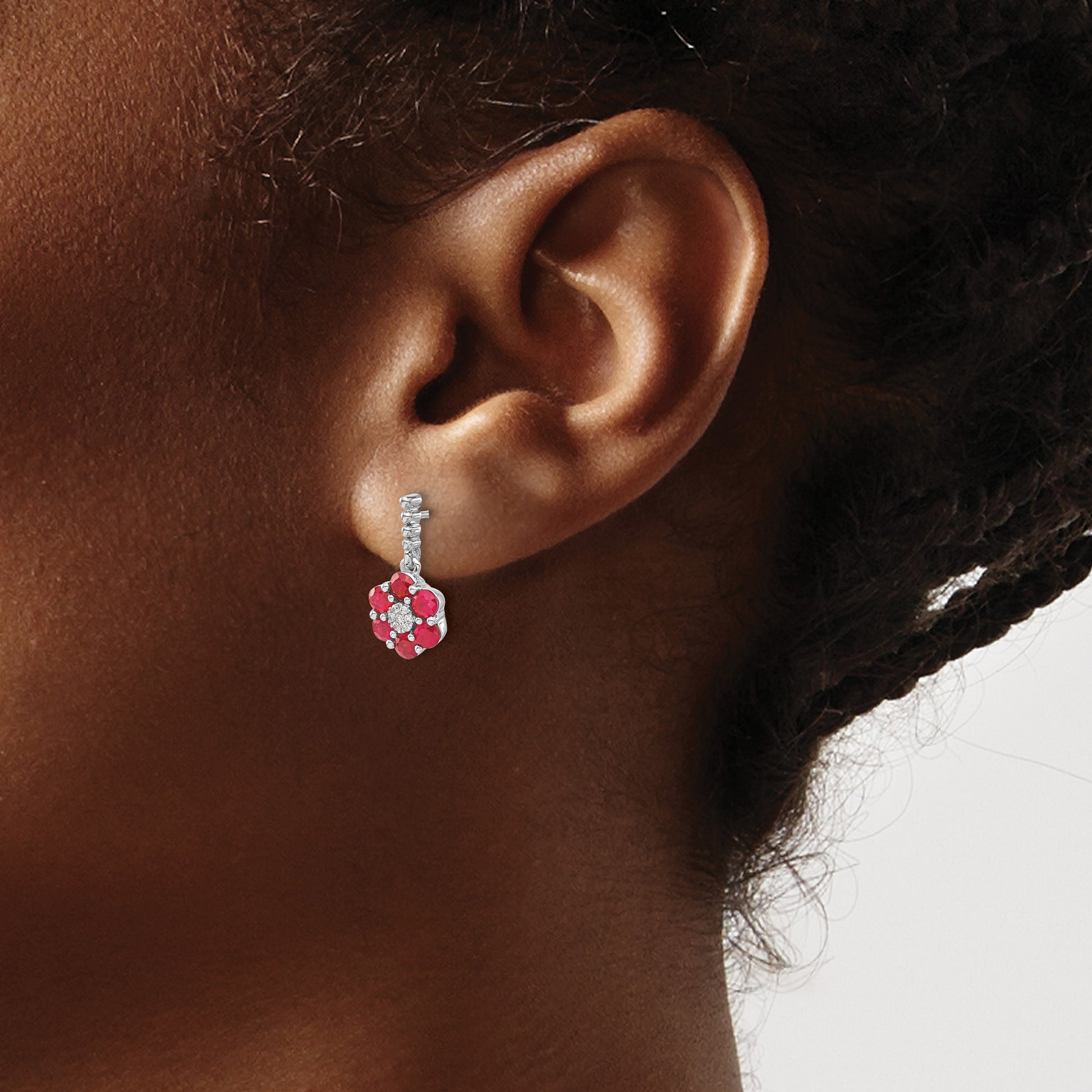 14kWhite Gold Polished Ruby and Diamond Floral Dangle Post Earrings