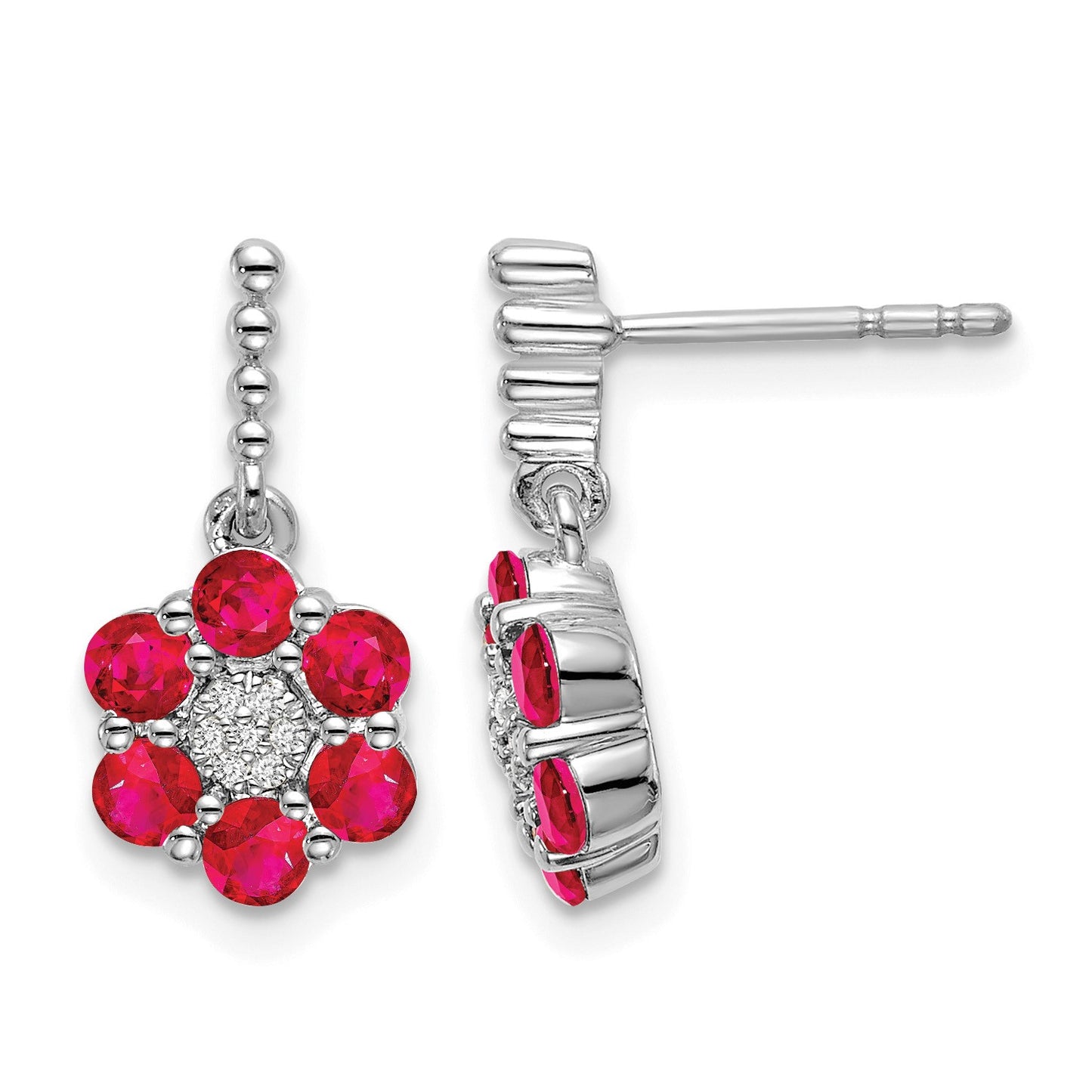 14kWhite Gold Polished Ruby and Diamond Floral Dangle Post Earrings