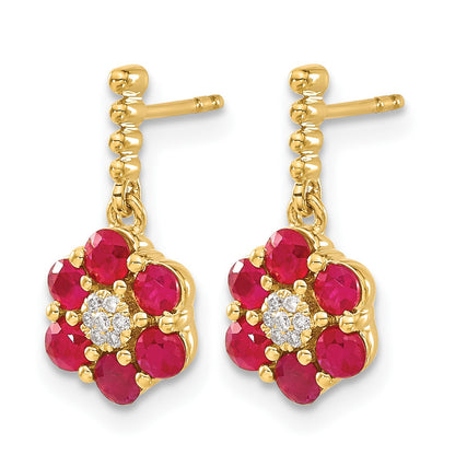 14k Polished Ruby and Diamond Floral Dangle Post Earrings