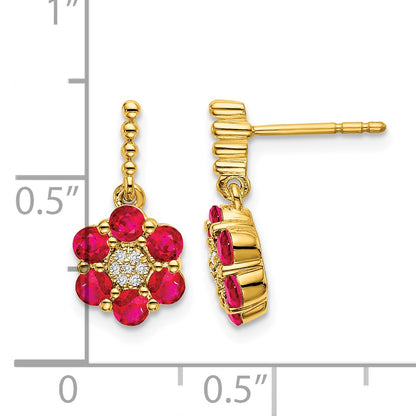 14k Polished Ruby and Diamond Floral Dangle Post Earrings