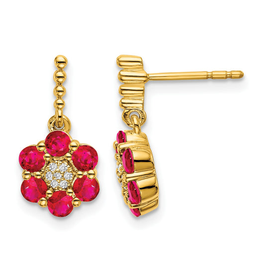 14k Polished Ruby and Diamond Floral Dangle Post Earrings