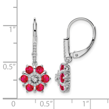 14k White Gold Ruby and Diamond Floral Leverback Earrings