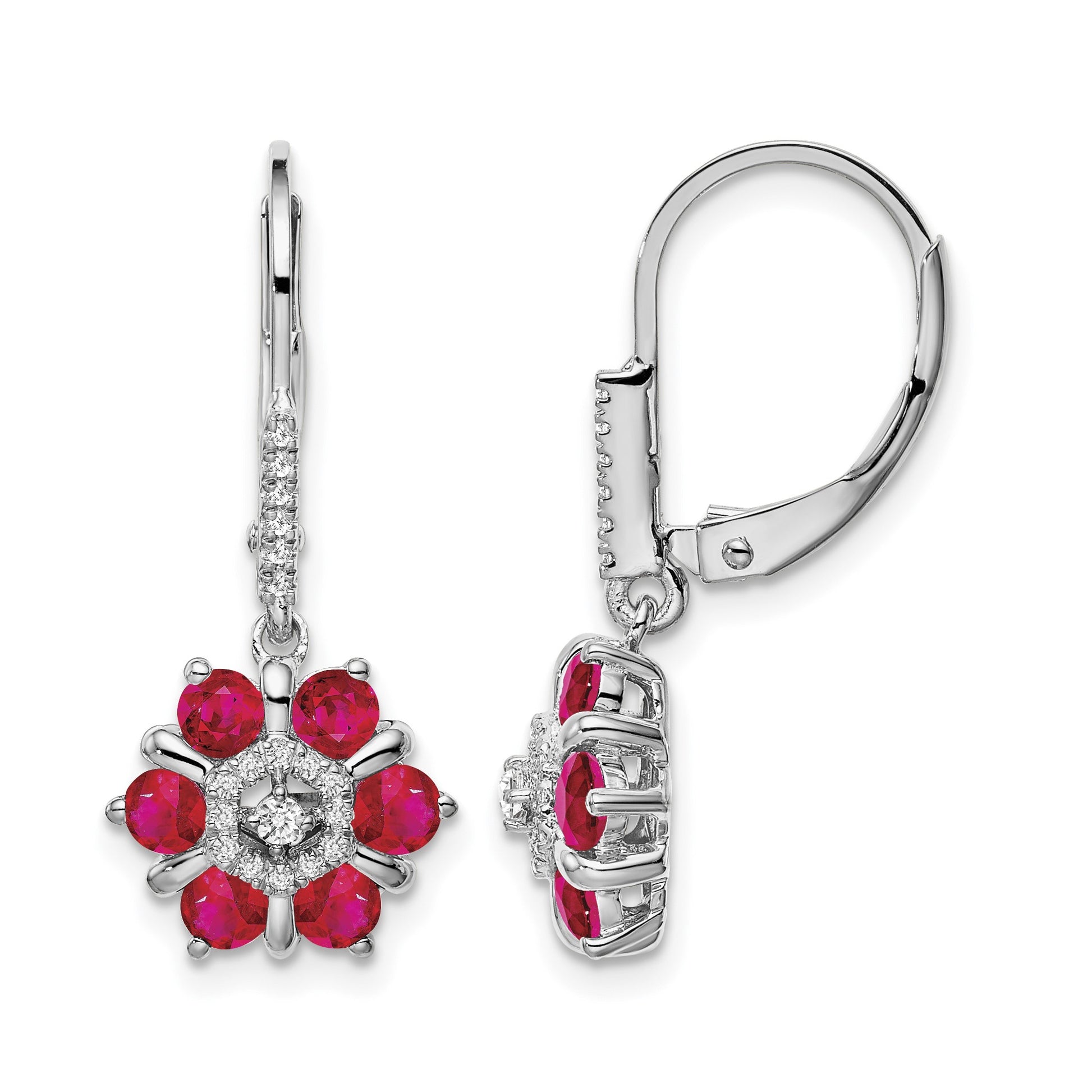 14k White Gold Ruby and Diamond Floral Leverback Earrings