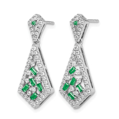 14k White Gold Baguette Emerald and Diamond Kite Dangle Post Earrings