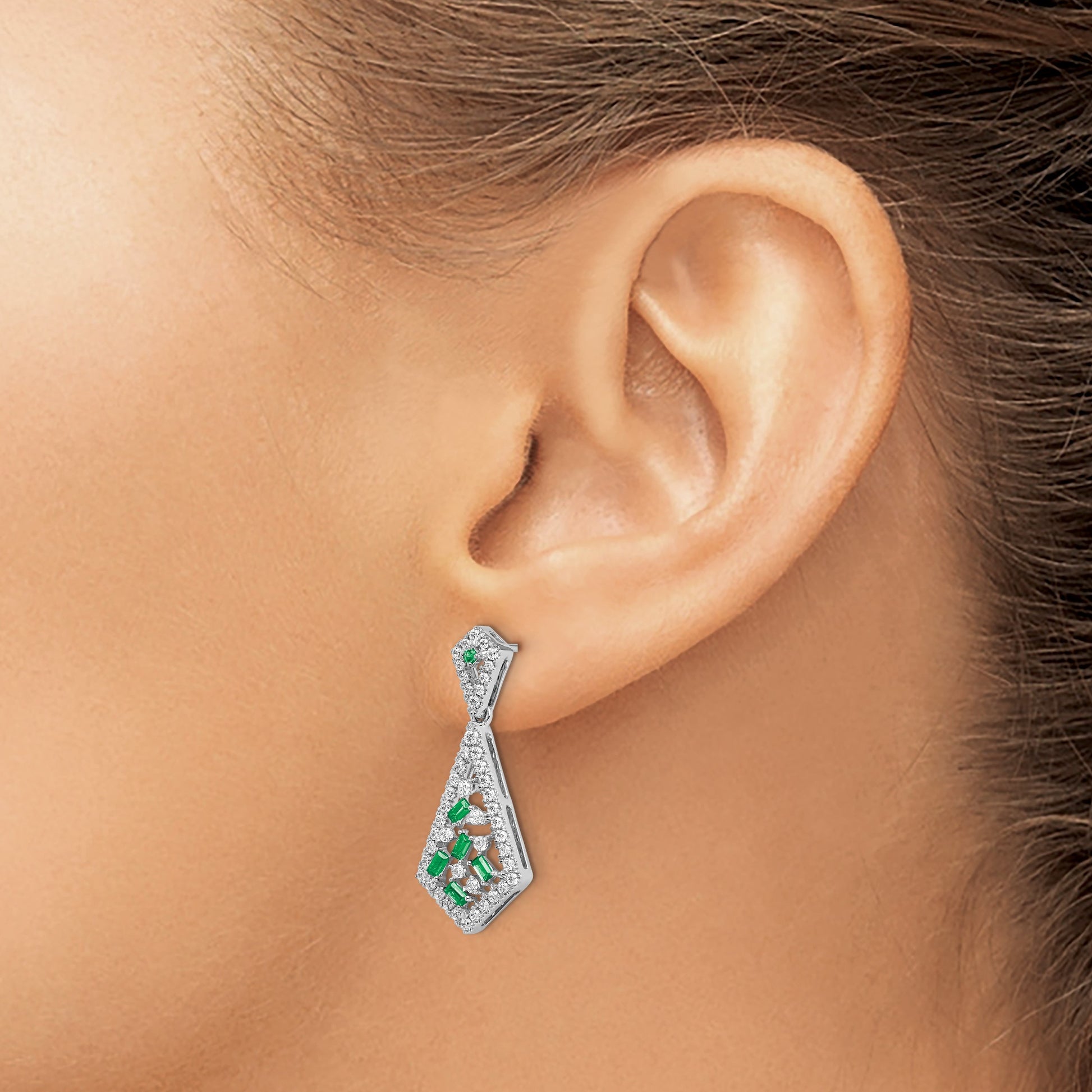 14k White Gold Baguette Emerald and Diamond Kite Dangle Post Earrings