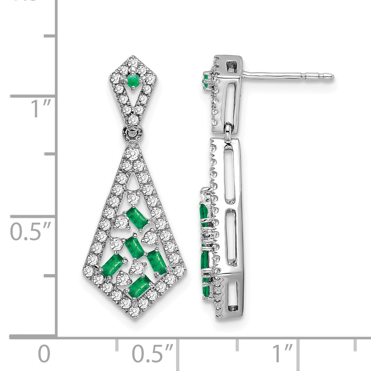 14k White Gold Baguette Emerald and Diamond Kite Dangle Post Earrings